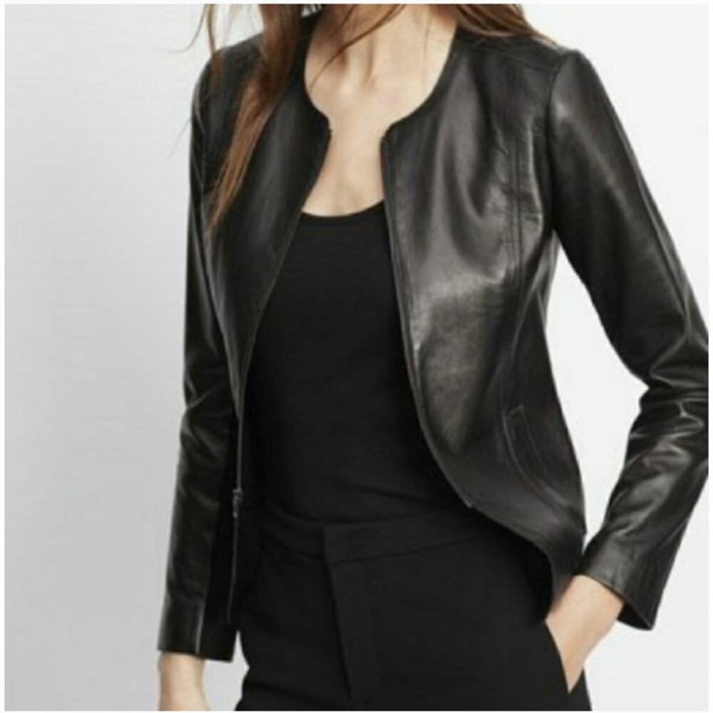Vince Lamb Leather Zip Collarless Jacket Mix Knit Sleeve Womens Size 2